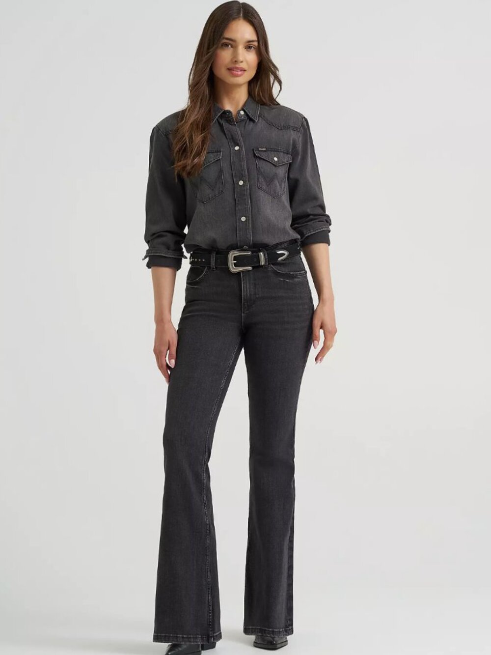 Wrangler Boyfriend Denim Shirt Size Large Nashville Black Western Button Front